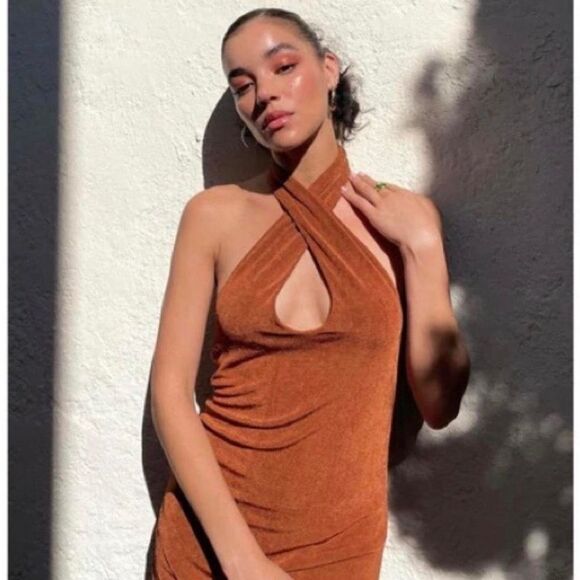 NWT With Jéan chocolate cinnamon brown Lena wrap halter dress size M 6-8 - Picture 6 of 10